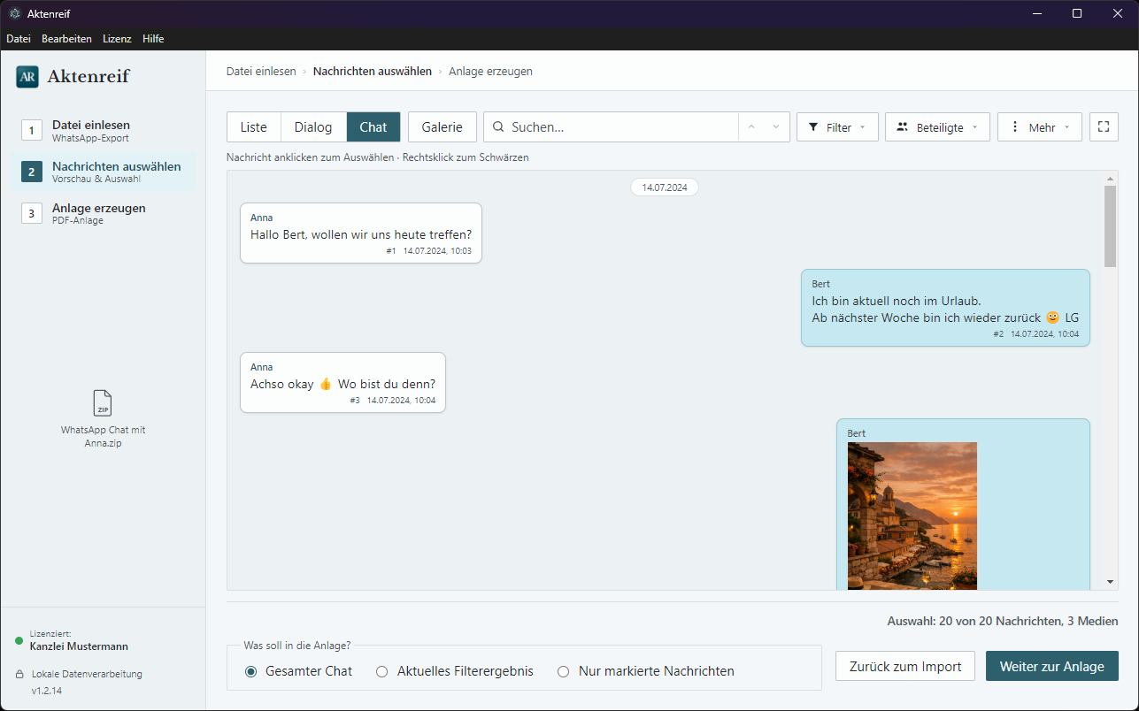 Schritt 2 in Aktenreif: Nachrichten sichten und auswählen in der Chat-Ansicht